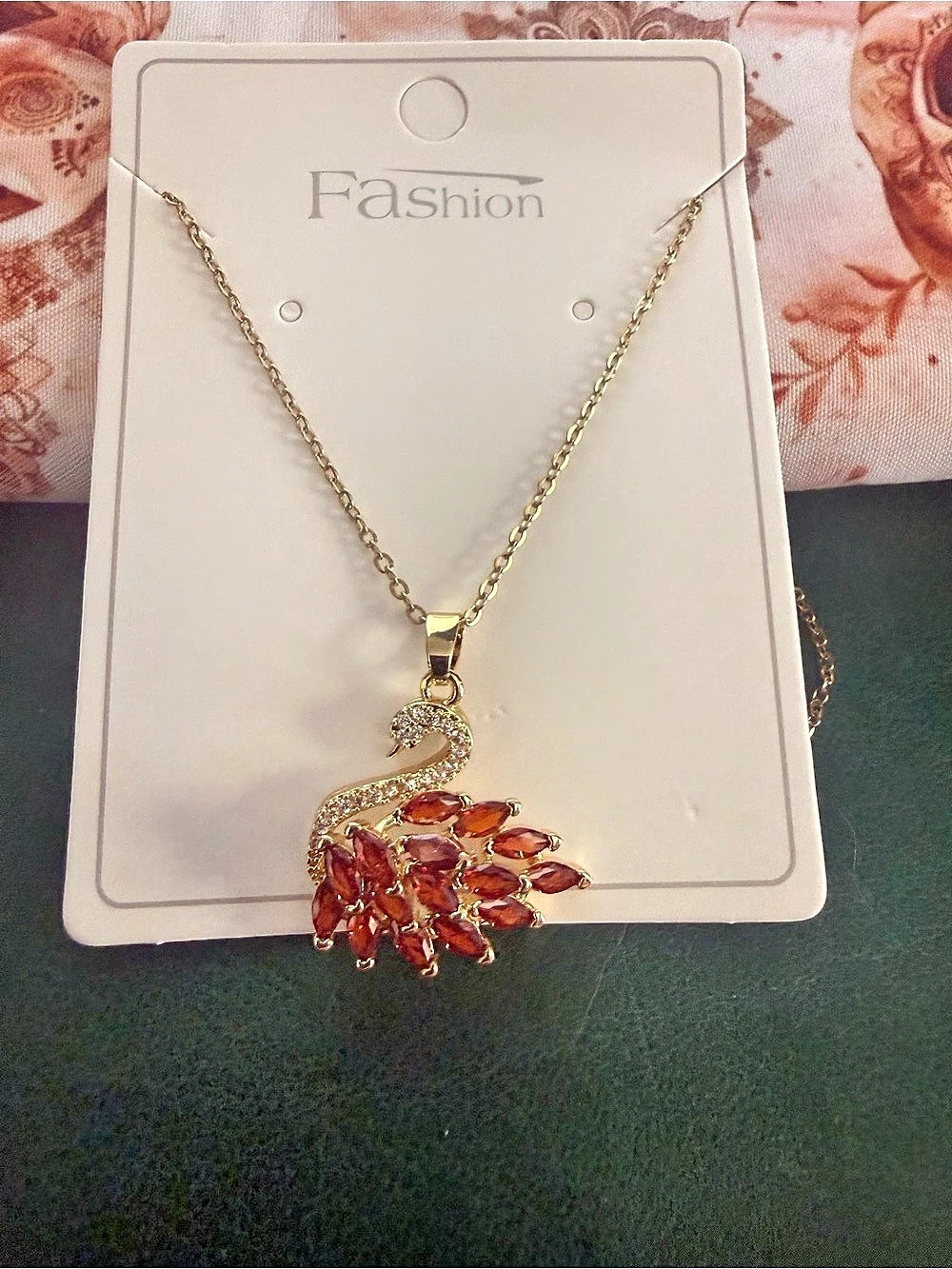 Peacock Pendant Necklace in Gold & Red Like New
